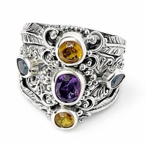 Balinese Amethyst Blue Topaz Butterfly Sterling Silver 925 Cocktail Ring SIZE 8